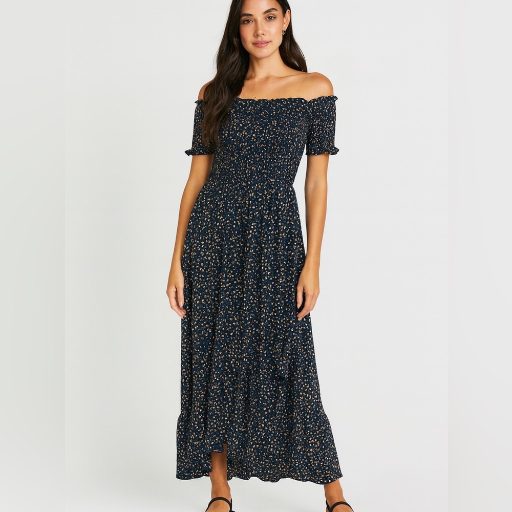 mi Ami Women’s S Navy Floral Off-Shoulder Smocked Maxi Dress